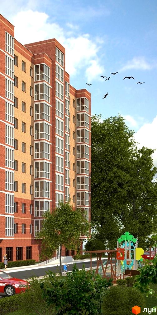 Житловий комплекс Шевченківський – це цегляна багатоповерхівка з численними вікнами та балконами. Поруч розташований дитячий майданчик та зелена зона.