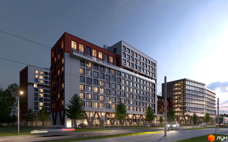 Зовнішній вигляд житлового комплексу HELGA з червоними та сірими фасадами, великою кількістю вікон та прибудинковою територією з деревами та дорогою.