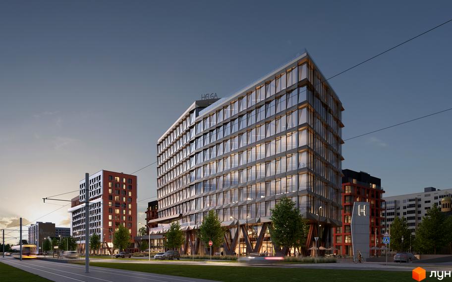 Новобудова HELGA з панорамним склінням та прибудинковою територією з деревами та проїжджою частиною.