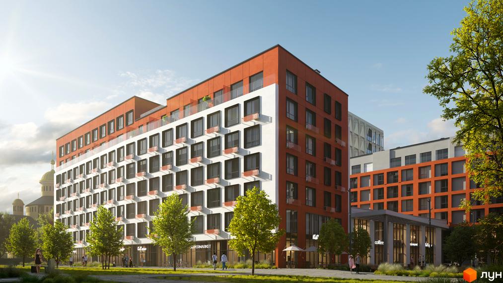 HELGA - це житловий комплекс з оригінальним фасадом з білої та помаранчевої плитки, великою кількістю вікон та балконів. Навколо будинку розташовані зелені насадження та місця для відпочинку.