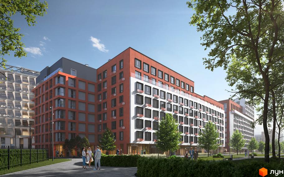 Зовнішній вигляд житлового комплексу HELGA з цегляним фасадом та скляними балконами. На прибудинковій території розташовані дерева та зона відпочинку.