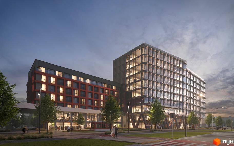 Зовнішній вигляд житлового комплексу HELGA з червоно-сірими фасадами та скляним корпусом, що оточений деревами та міською інфраструктурою.