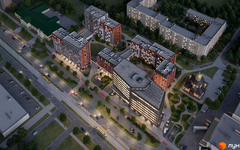 Житловий комплекс HELGA з багатоповерховими будинками та офісною будівлею. На території є зелені зони, доріжки, церква та дорога з трамваєм.