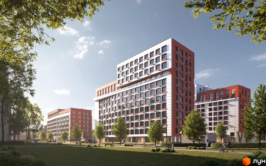 Багатоповерхові будинки HELGA з білими та теракотовими фасадами, оточені зеленим парком з доріжками.