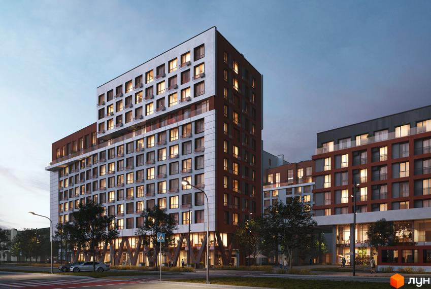 Житловий комплекс HELGA з біло-коричневим фасадом та освітленими вікнами. Навколо будівлі розташовані дерева, дорога та вуличне освітлення.