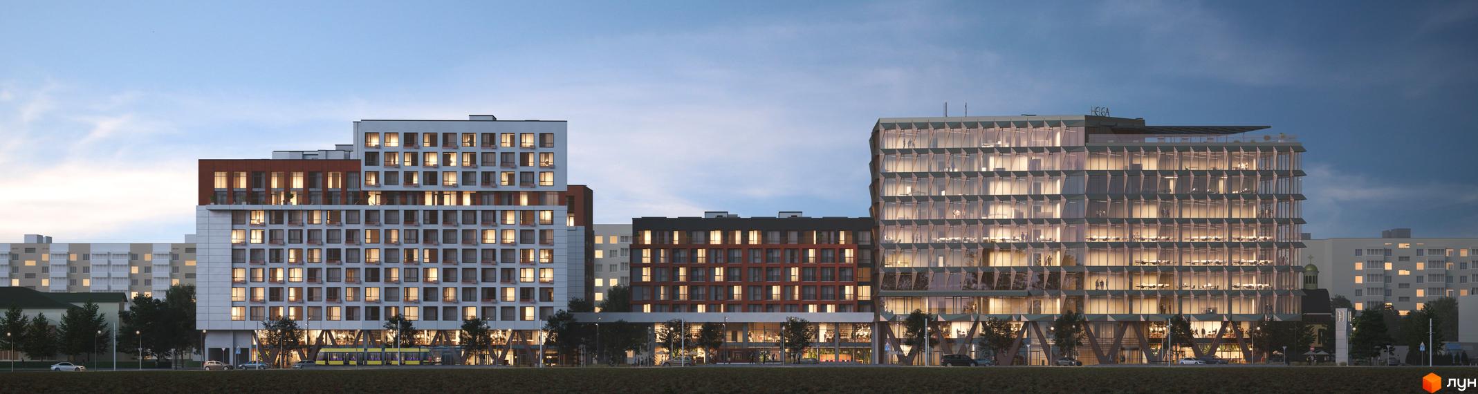 Житловий комплекс HELGA з фасадами з панорамних вікон та цегли, прибудинкова територія з деревами та дорогою.