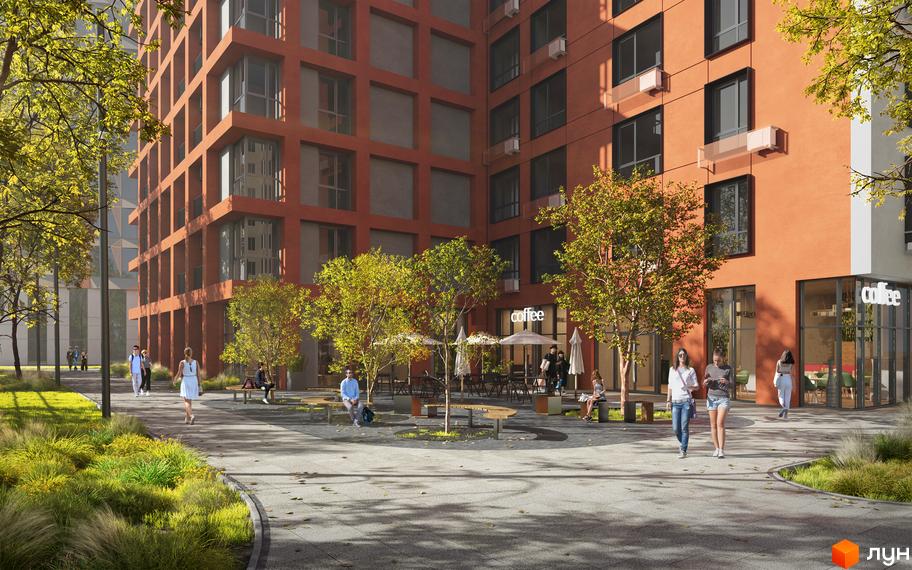 Житловий комплекс HELGA з фасадом теракотового кольору та великими вікнами. Навколо комплексу облаштований затишний двір з деревами та місцями для відпочинку.