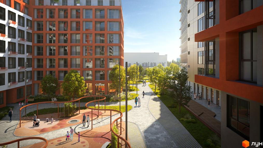 Житловий комплекс HELGA: багатоповерхові будинки з помаранчевими та світлими фасадами. Прибудинкова територія з дитячим майданчиком та зеленими насадженнями.