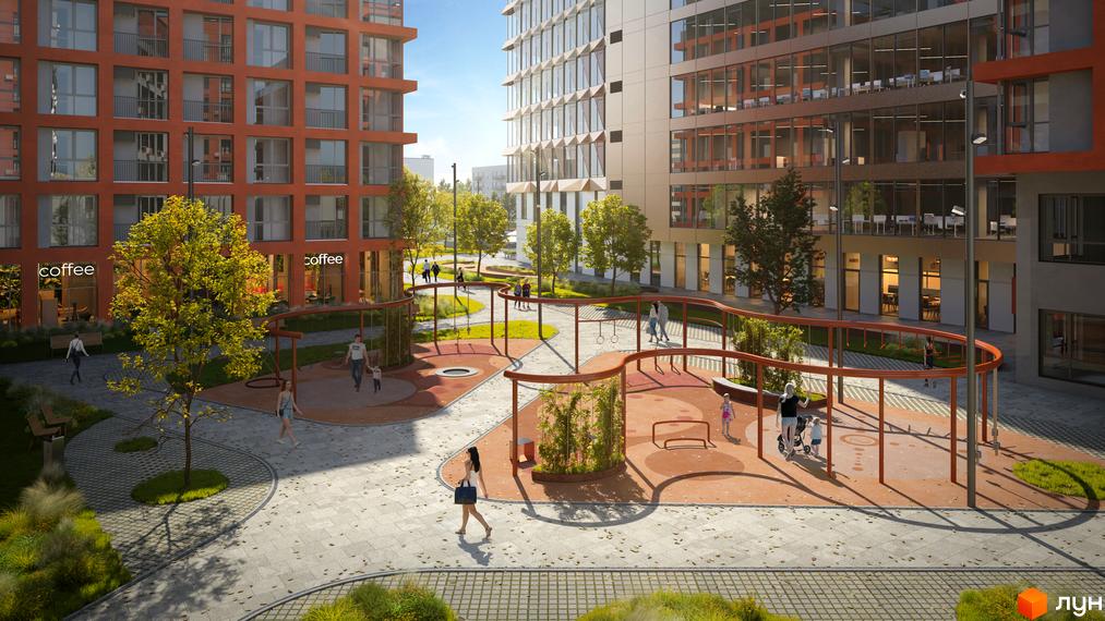 Житловий комплекс HELGA: цегляні фасади та сучасний дитячий майданчик з зонами відпочинку. Прибудинкова територія з деревами та пішохідними доріжками.