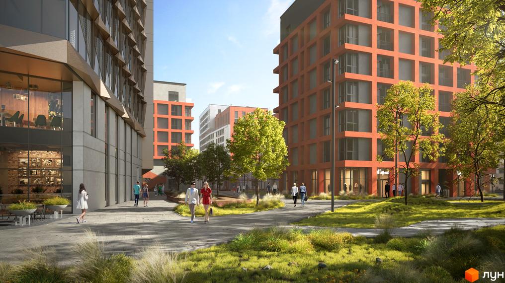 Житловий комплекс HELGA: будинки теракотового кольору з квадратними віконними нішами, оточені зеленими зонами та доріжками.