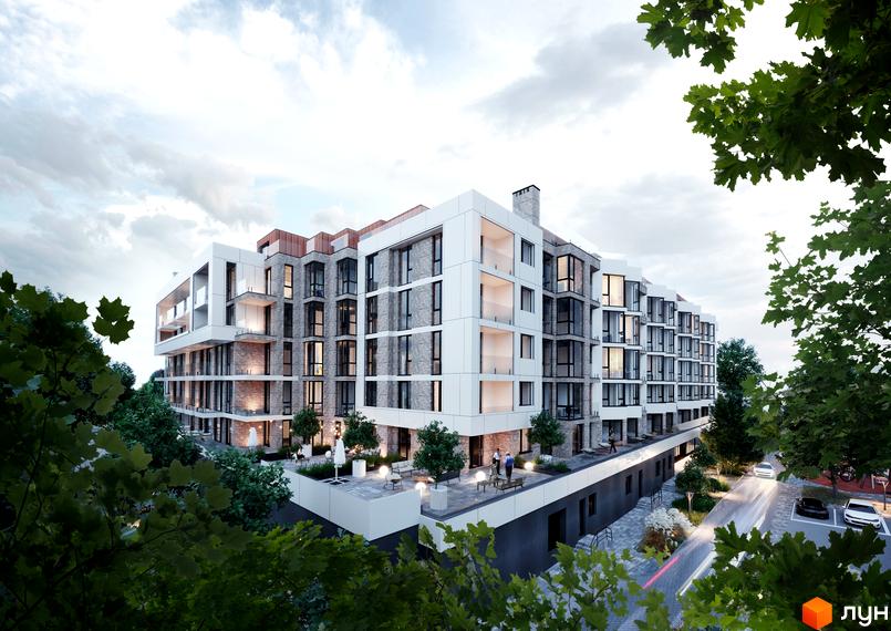 Житловий комплекс 111 Зелена. Багатоповерховий будинок з білими фасадами та панорамними вікнами. На території є тераса, дерева та місця для паркування.