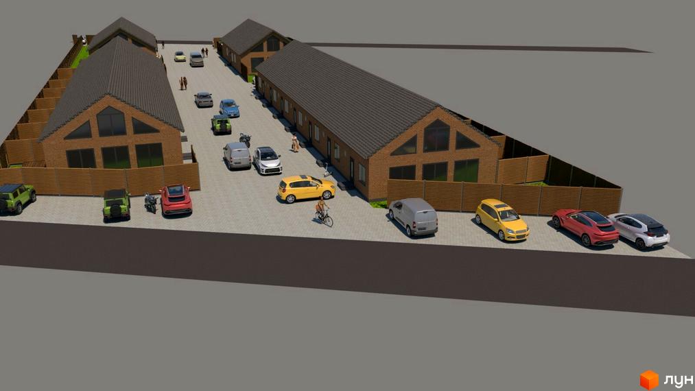 Котеджне містечко Панська Баварія: цегляні будинки з темним дахом та паркуванням з автомобілями. На території є зелені насадження та дерев'яний паркан.