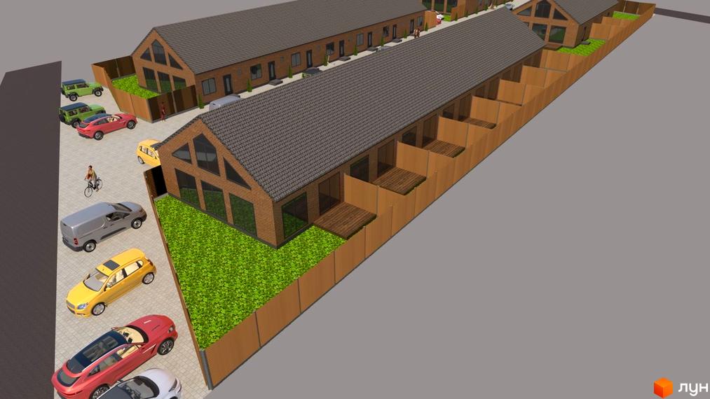 Котеджне містечко Панська Баварія: цегляні будинки з сірим дахом та приватними двориками, парковка з автомобілями та зелені насадження.