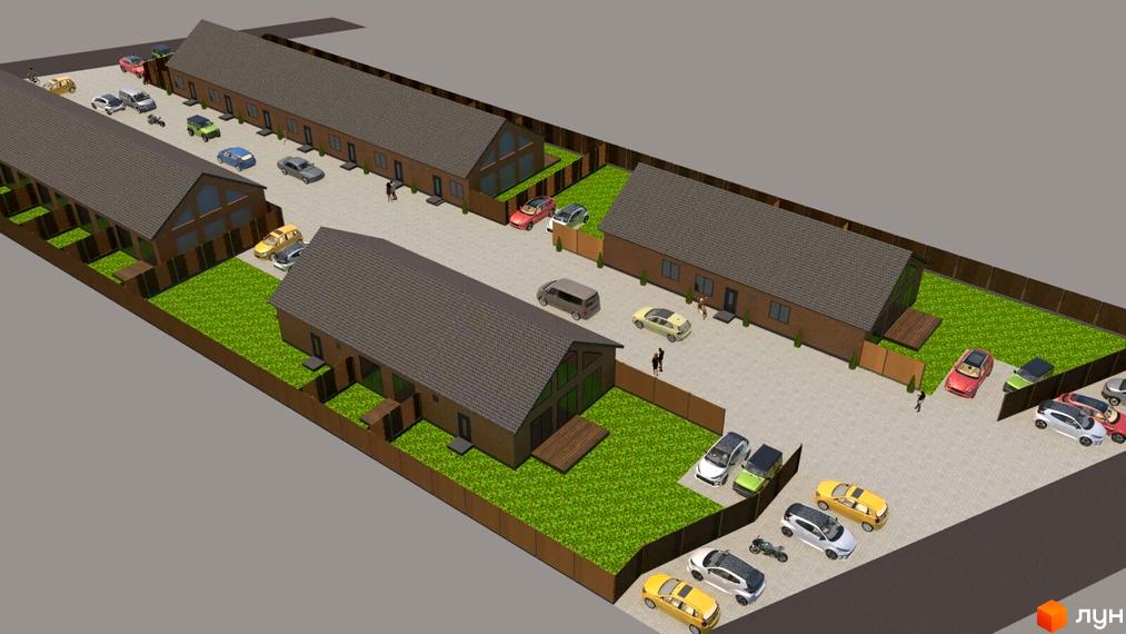 Котеджне містечко КМ Панська Баварія: фасади будинків та прибудинкова територія з парковкою та зеленими зонами.