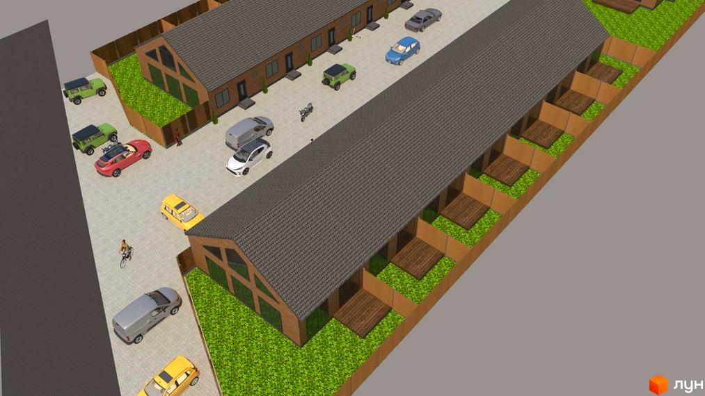 Котеджне містечко КМ Панська Баварія: двоповерхові будинки з сірими дахами та паркомісцями. Прибудинкова територія з зеленими газонами та дерев'яними терасами.