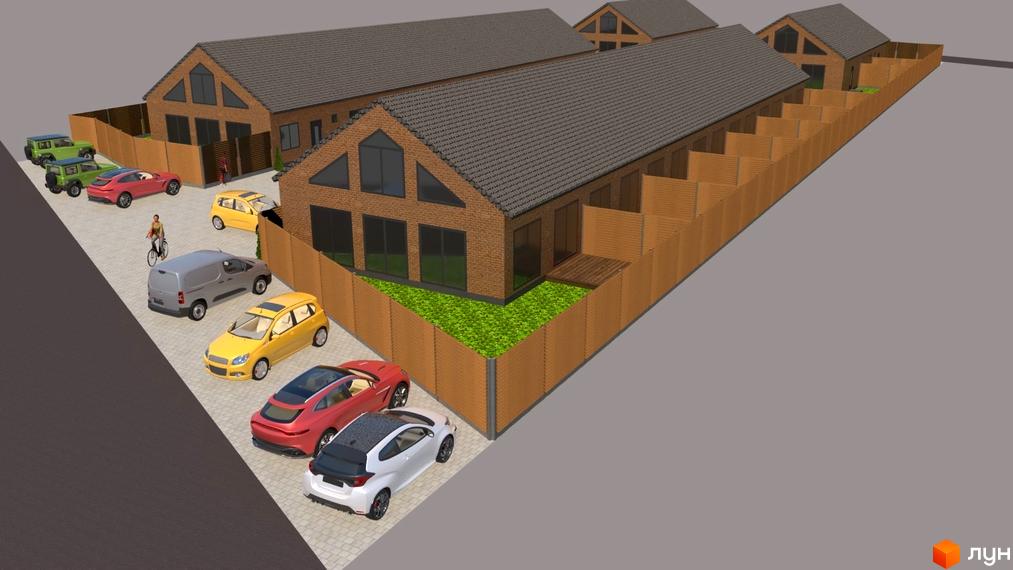 Котеджне містечко Панська Баварія: триповерхові будинки з сірого цегли з великими вікнами та парковкою з автомобілями.