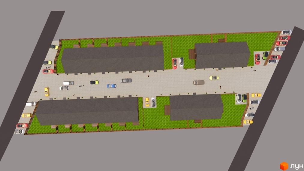 Котеджне містечко Панська Баварія: вид зверху на будинки з темними дахами та прибудинкову територію з зеленою травою та автомобілями.