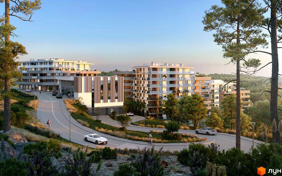 Новобудова MARVEL Hill з елегантним фасадом та балконами, розташована серед зеленої прибудинкової території з дорогою та деревами.