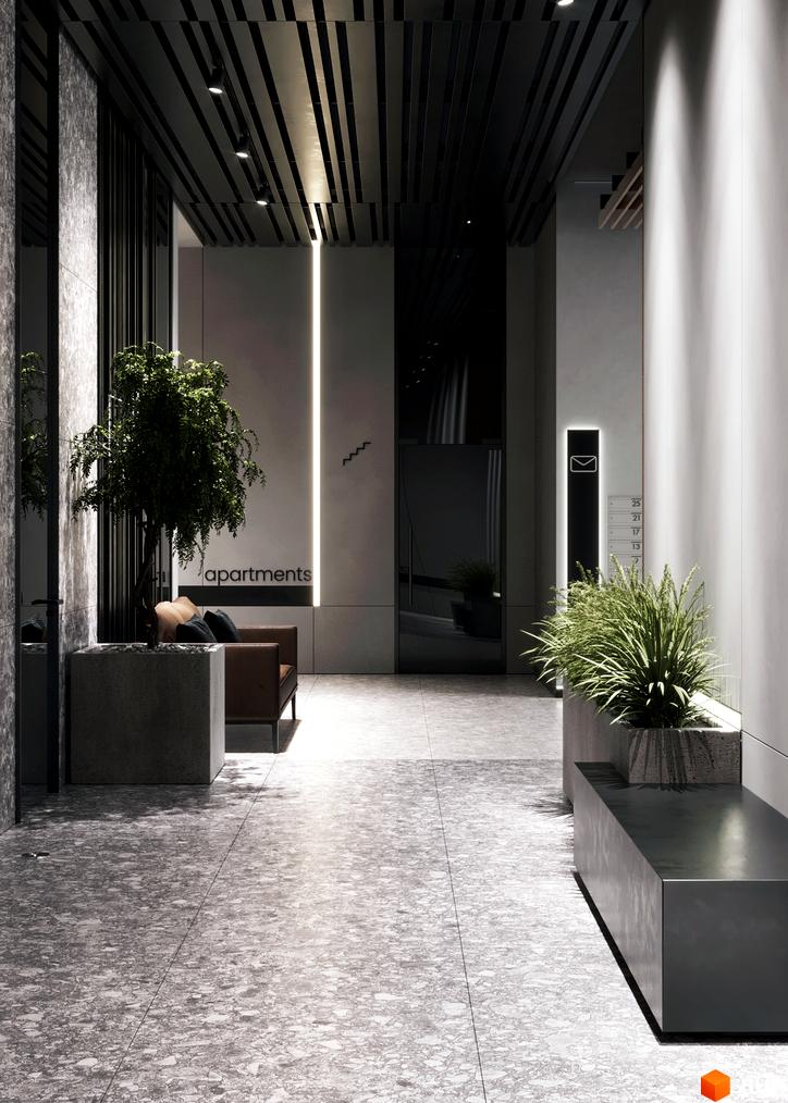 Сучасний вхід до житлового комплексу MARVEL Hill з елегантним дизайном та озелененням. Просторий хол з диваном та рослинами створює затишну атмосферу.