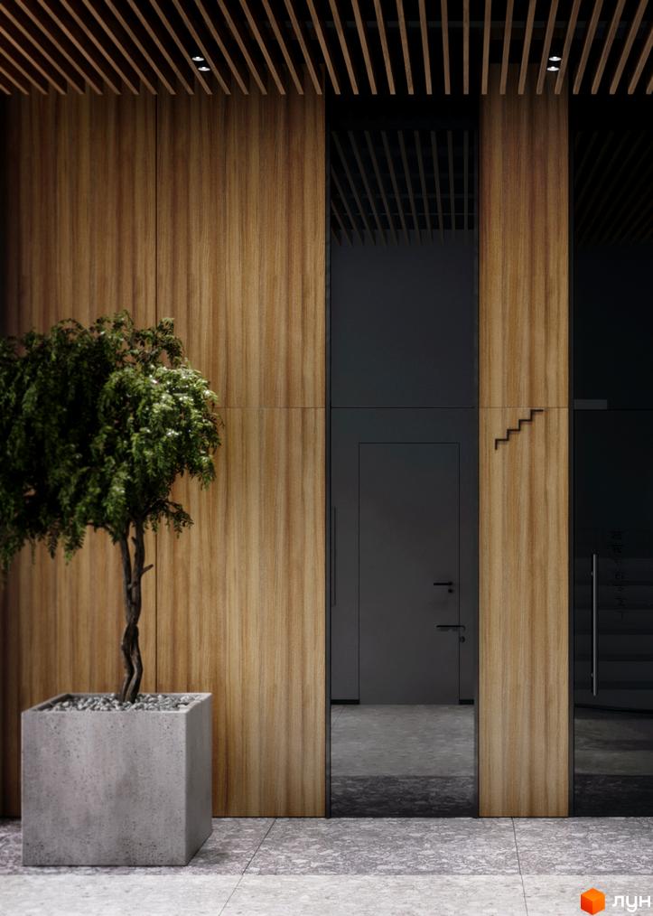 Дизайн входу в житловий комплекс MARVEL Hill з дерев'яними панелями та рослиною в горщику. Сучасний інтер'єр з дверима та сходами.