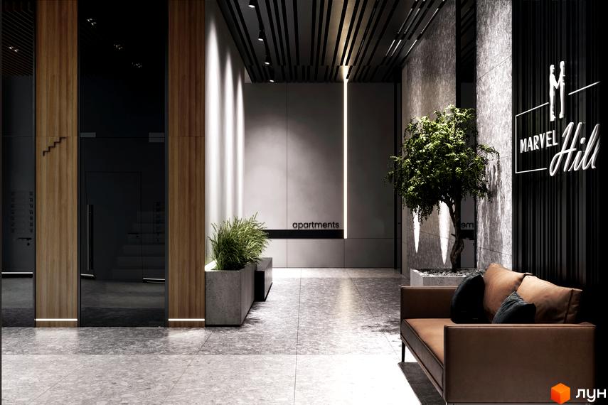 Інтер'єр вхідної групи житлового комплексу MARVEL Hill з диваном та рослинами. Опис новобудови для просування сайту.