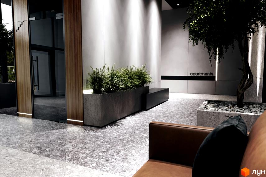 Інтер'єр входу в житловий комплекс MARVEL Hill з бетонними кашпо та деревом. Сучасний дизайн лобі з оздобленням натуральними матеріалами.
