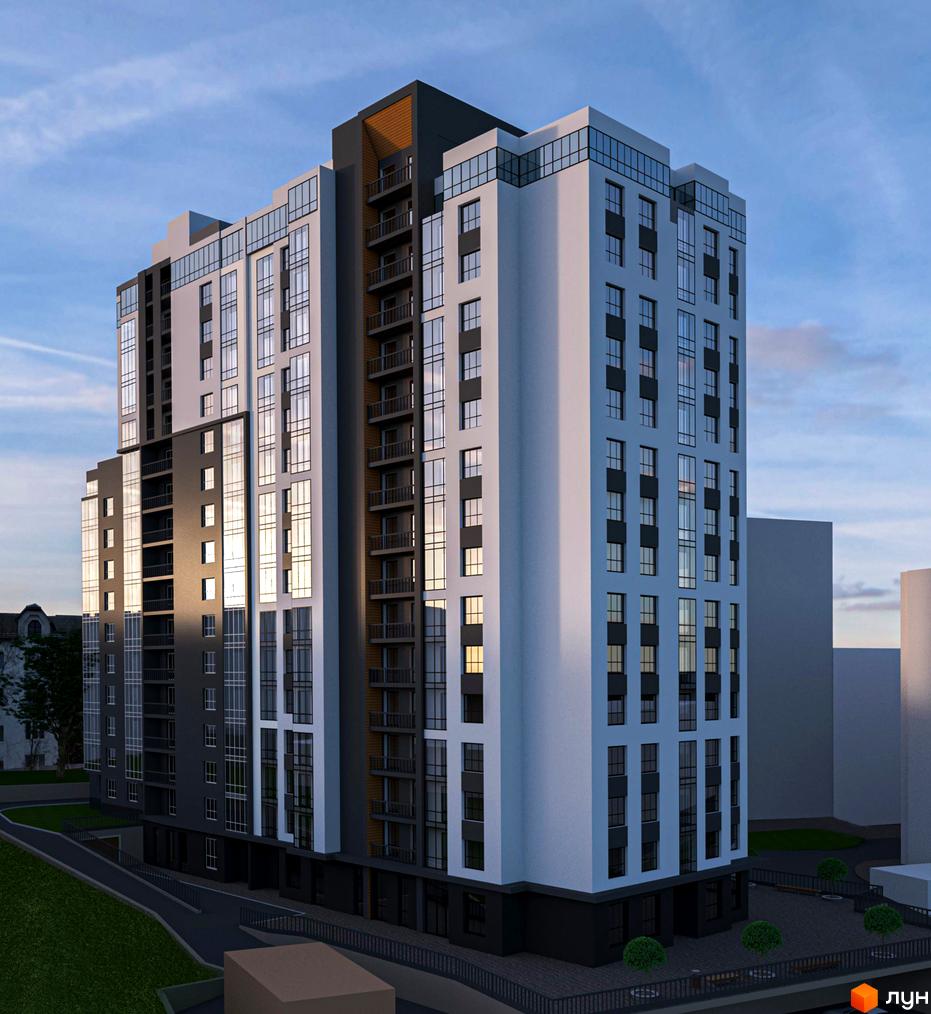 Висотна новобудова Atlanta Tower з панорамними вікнами та балконами. На прибудинковій території бруківка, газон, дерева та лави.