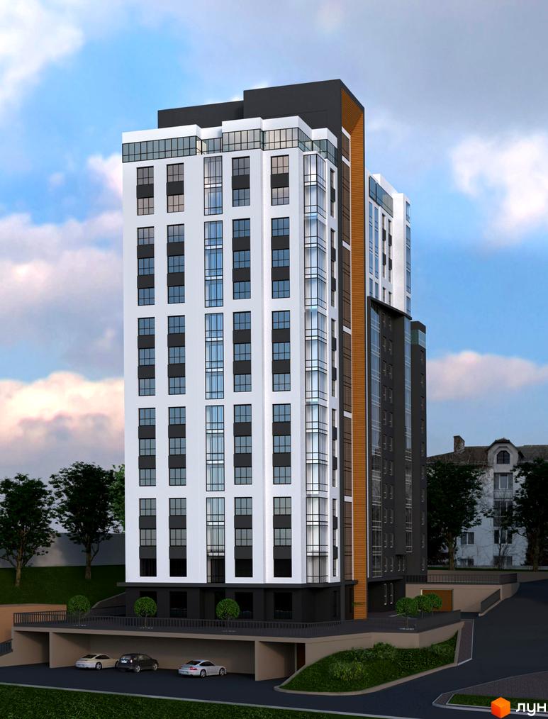 Висотна будівля ЖК Atlanta Tower з білим фасадом, панорамним склінням та підземним паркінгом. На прибудинковій території зелені насадження та автомобілі.