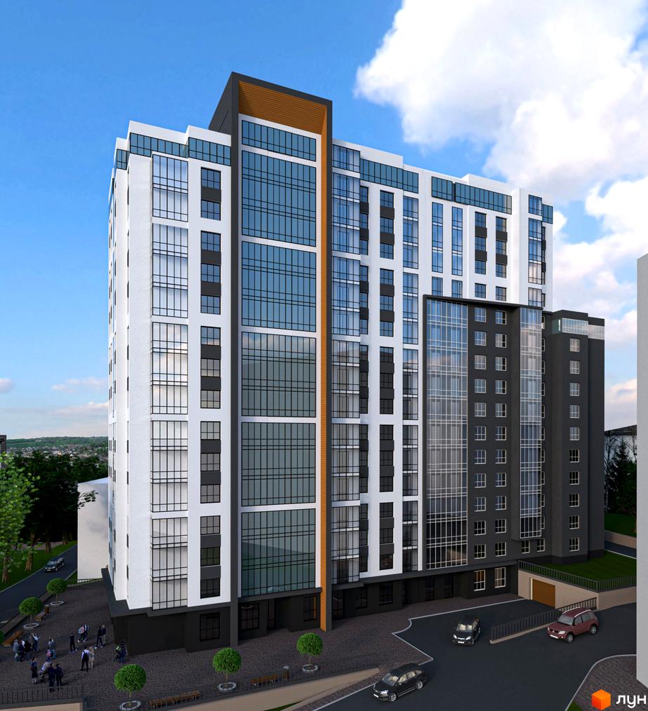 Висотна будівля ЖК Atlanta Tower з панорамними вікнами та темними акцентами на фасаді. На прибудинковій території розташовані дерева, парковка та автомобілі.