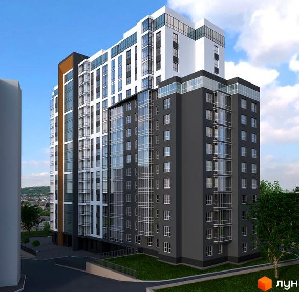 Житловий комплекс Atlanta Tower: багатоповерхова будівля з комбінованим темно-сірим та білим фасадом, панорамними вікнами та доглянутою прибудинковою територією.