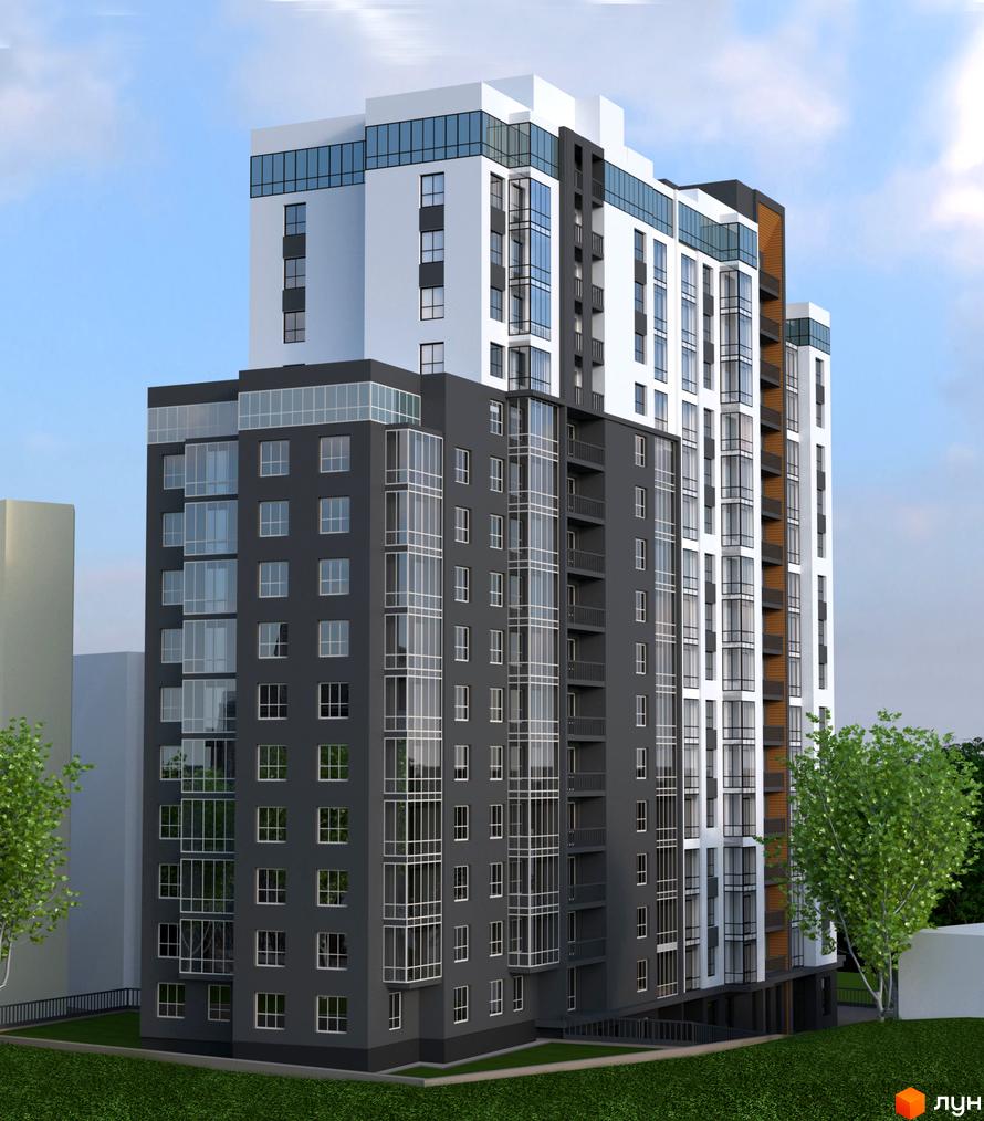 Житловий комплекс Atlanta Tower: багатоповерхова будівля з темно-сірим та білим фасадом, великими вікнами. Навколо будинку зелений газон та дерева.