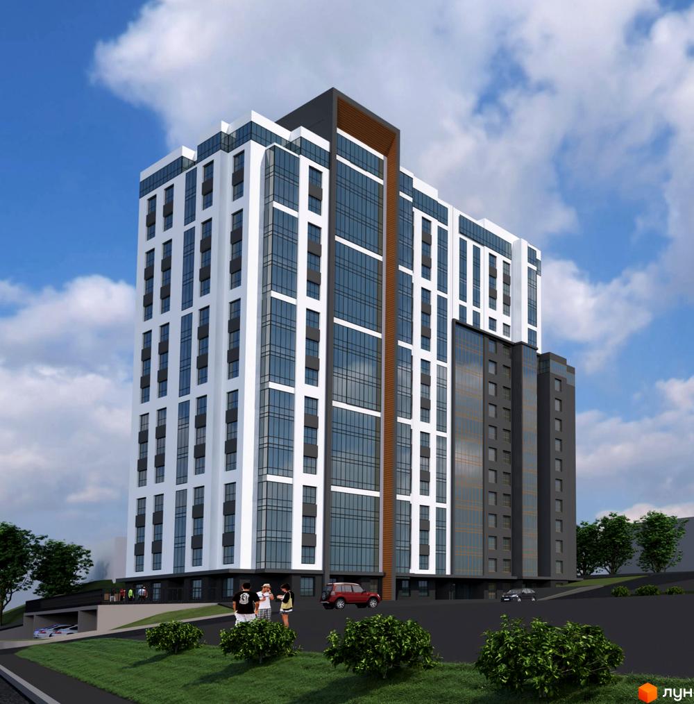 Житловий комплекс Atlanta Tower: багатоповерховий будинок з білими, темними фасадами та великими вікнами. Навколо зелені насадження, дорога та в'їзд до паркінгу.