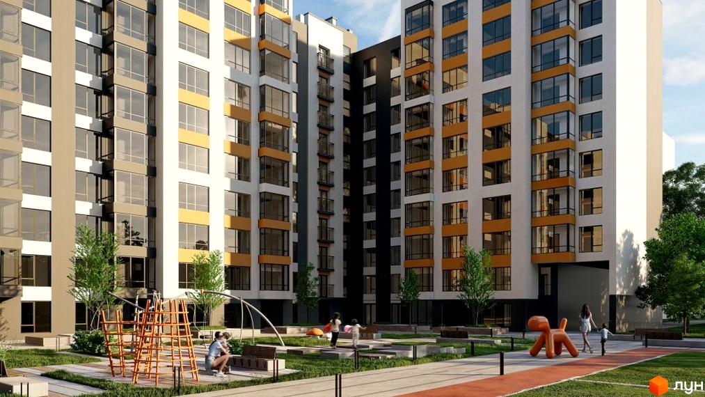 Житловий комплекс Липки 2 з яскравим фасадом та дитячим майданчиком. Сучасна архітектура та зелена прибудинкова територія.