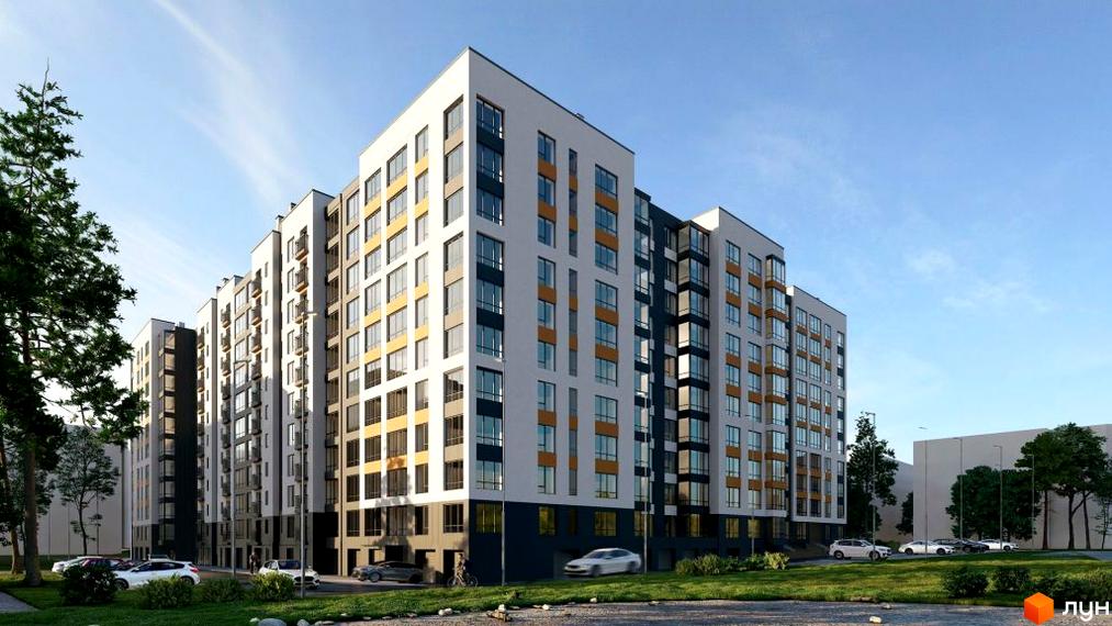 Зовнішній вигляд багатоповерхового житлового комплексу Липки 2 з білими та сірими фасадами, жовтими акцентами та прибудинковою територією з деревами та автомобілями.