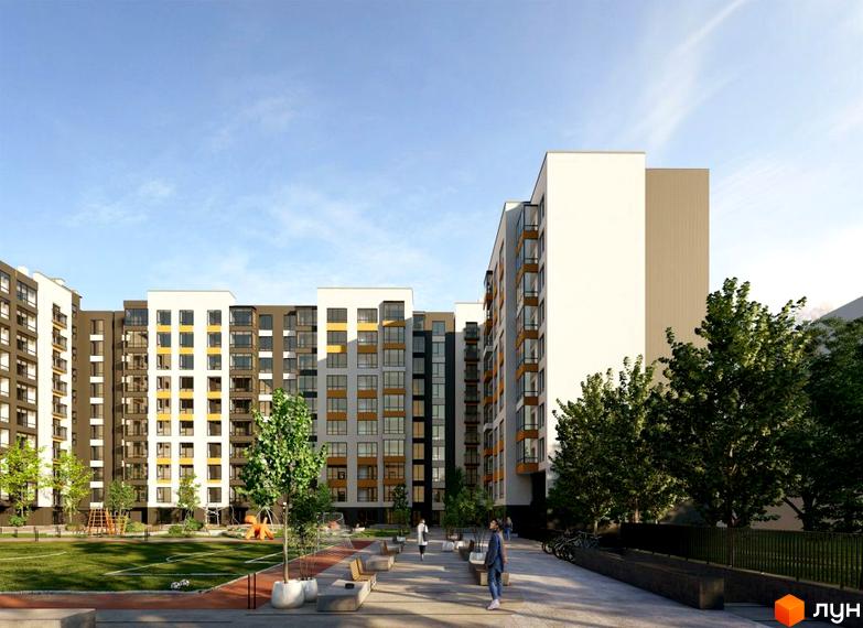 Житловий комплекс ЛИПКИ 2: фасади будівель з панорамними вікнами та прибудинкова територія з зеленими зонами та дитячим майданчиком.
