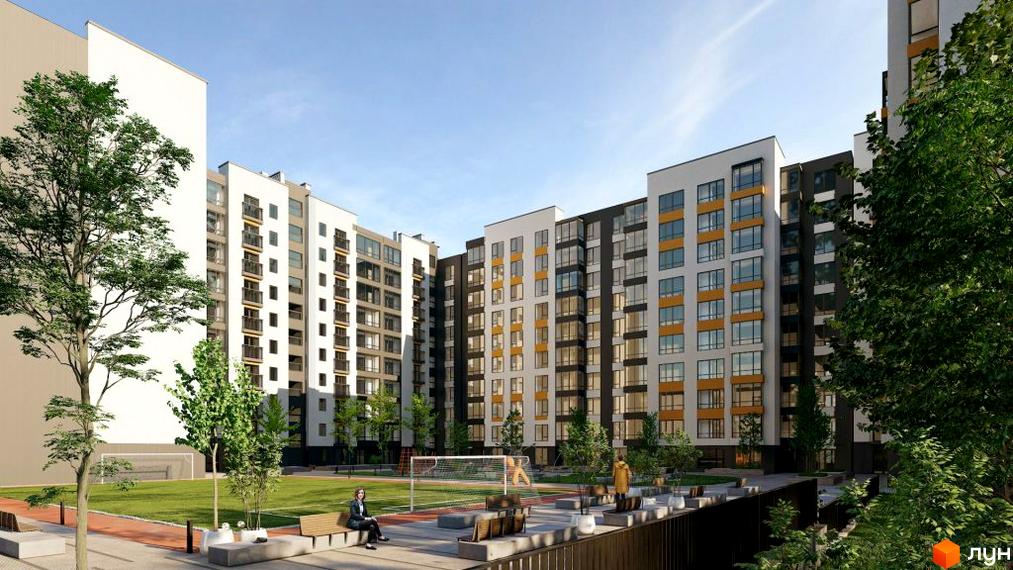 Житловий комплекс ЛИПКИ 2: сучасні фасади будівель та зелений внутрішній двір з місцями для відпочинку. Огляд новобудови з дитячим майданчиком та зоною для спорту.