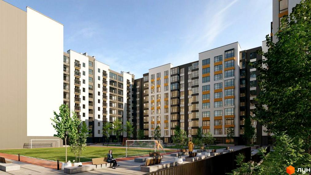 Новобудова ЖК ЛИПКИ 2 з фасадами білого та сірого кольору, вікнами з жовтими рамами та внутрішнім двором з зеленими зонами та місцями для відпочинку.