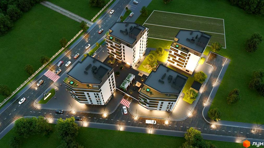 Житловий комплекс KhustSky з білими фасадами та темними дахами, розташований на доглянутій прибудинковій території з деревами та освітленням.