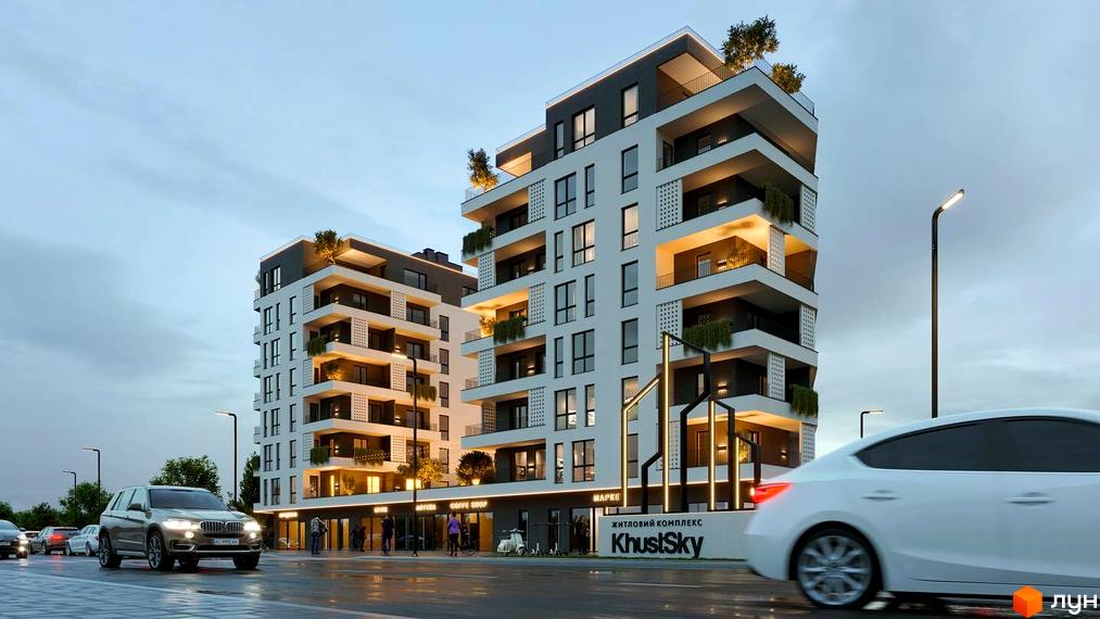 Житловий комплекс KhustSky – це сучасна новобудова з балконами та зеленими насадженнями. Територія навколо будинку облаштована освітленням та місцями для відпочинку.