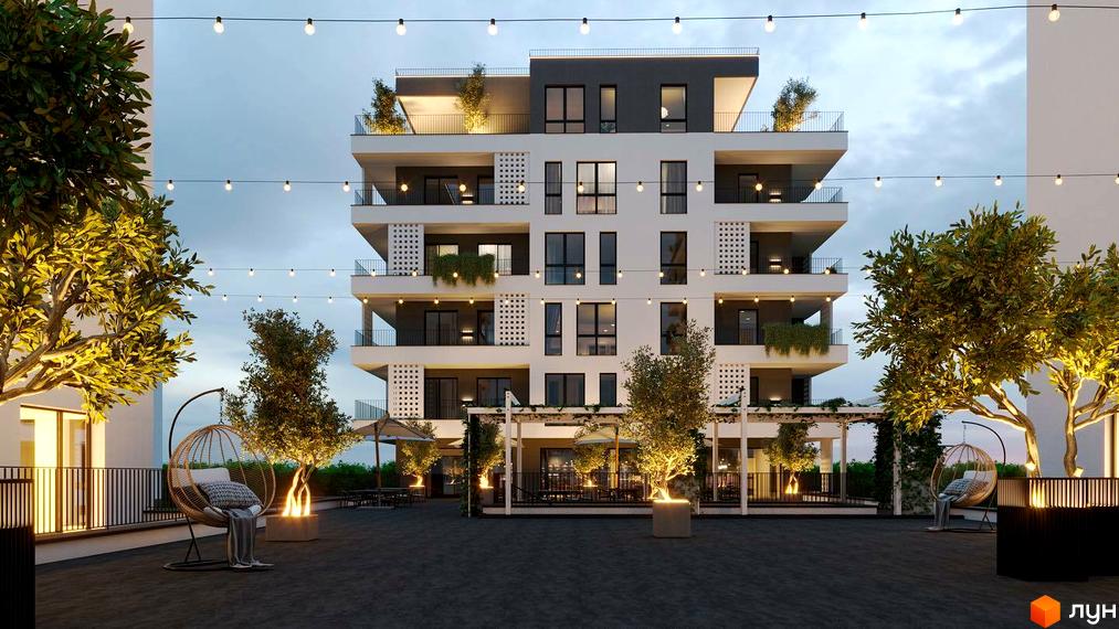 Зовнішній вигляд житлового комплексу KhustSky з балконами, великими вікнами та декоративними елементами. Прибудинкова територія з деревами, вуличними меблями та освітленням.