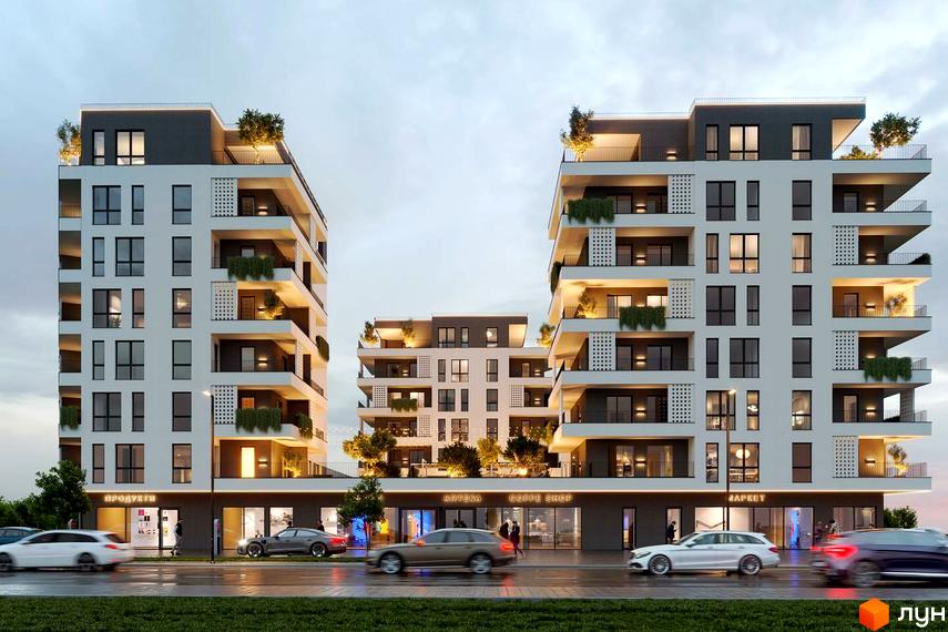 Зовнішній вигляд житлового комплексу KhustSky з фасадами білого кольору та балконами з озелененням. На першому поверсі розташовані комерційні приміщення.