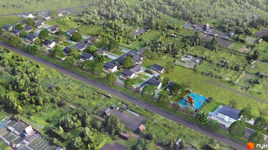 Котеджне містечко Lagom Village з однотипними будинками та огородженою територією з дитячим майданчиком.