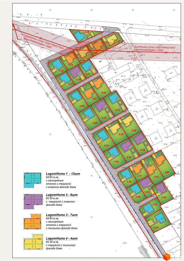 КМ Lagom Village: план забудови котеджного містечка з різними типами будинків та прибудинковою територією. Опис планувань LagomHome 1-4.
