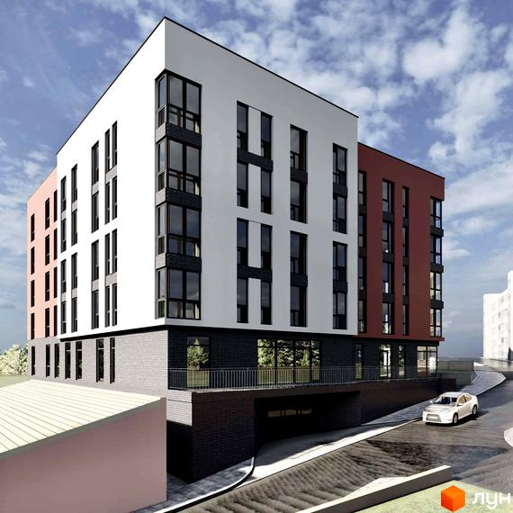 Новобудова ЖК на Шпитальній ІІ з білою та червоною фасадною частиною, вікнами та прибудинковою територією з дорогою та автомобілем.