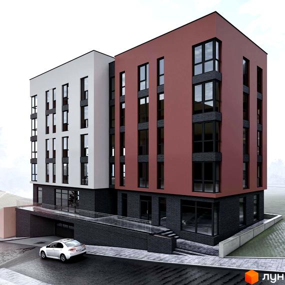 Будівельний проєкт на Шпитальній ІІ. Фасад будівлі складається з білої та червоної частини, з великими вікнами та темною цегляною обробкою. Біля будинку розташований пандус та дорога з автомобілем.