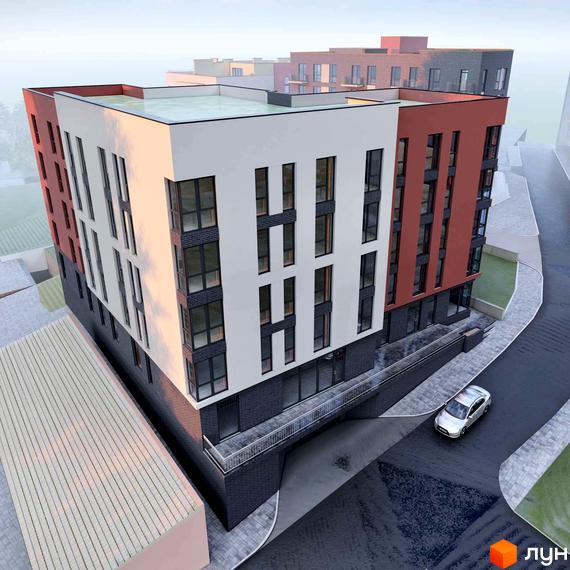 Зовнішній вигляд новобудови ЖК на Шпитальній ІІ з червоними та білими фасадами, вікнами та прибудинковою територією з дорогою та автомобілем.