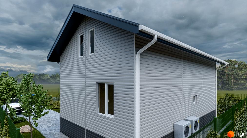 Котеджне містечко Lagom Village: двоповерховий будинок із сірим сайдингом, білими вікнами та водостічною системою. На прибудинковій території видно зелений паркан, дерева та два кондиціонери.