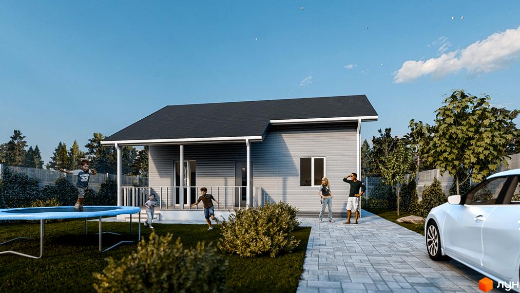 Котеджне містечко Lagom Village: сірий одноповерховий будинок з темним дахом та прибудинковою територією з дитячим майданчиком та автомобілем.