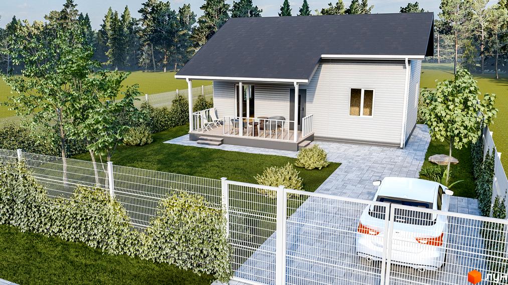 Котеджне містечко Lagom Village: одноповерховий будинок з терасою та парканом, біля будинку припаркований білий автомобіль та зелена ділянка.