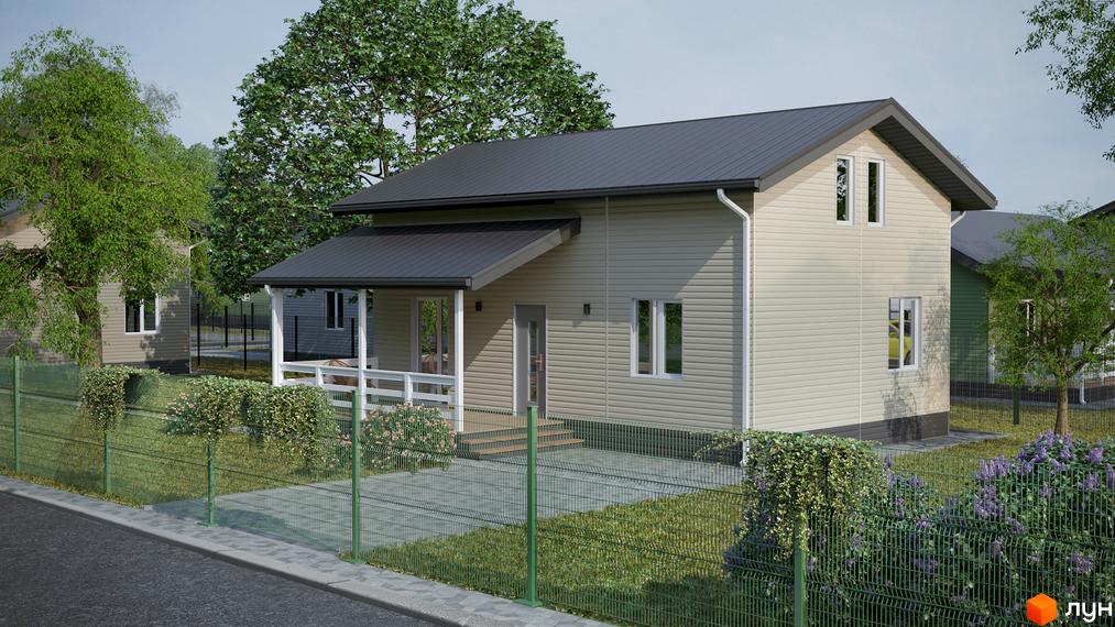 Зображення будинку в Котеджному містечку Lagom Village. Двоповерховий будинок з оздобленим фасадом та прибудинковою територією.